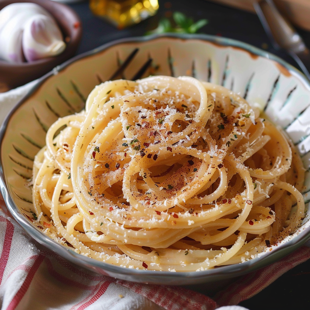 Una ciotola di spaghetti con formaggio e erbe.
