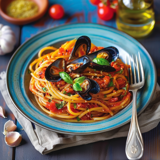Pasta con vongole e basilico.
