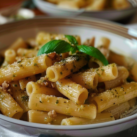 Penne con basilico e formaggio.