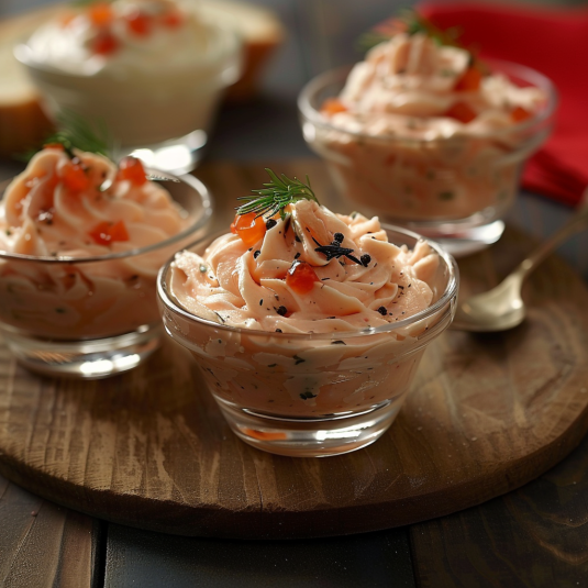 Quattro bicchieri di crema di pesce con semi di pesca.