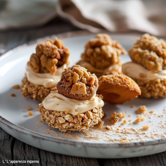 Piatti con crema e nocciole.