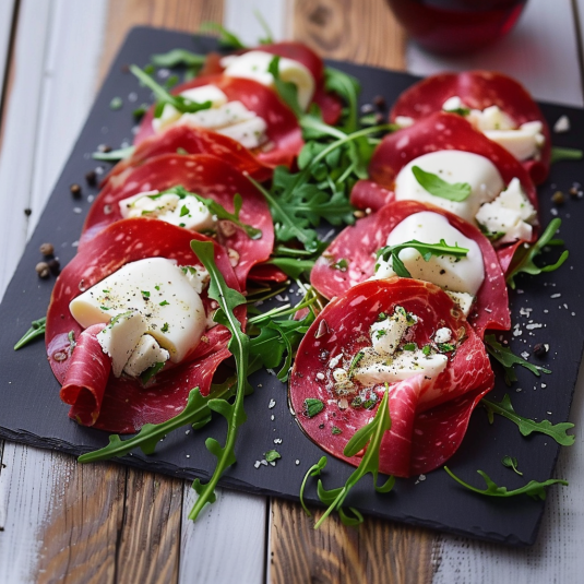 Una tavolata con un piatto di prosciutto e mozzarella.
