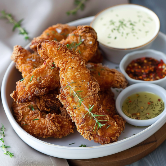 Una fettuccia di pollo con erbe e un'altra fettuccia di pollo con un'altra erba.