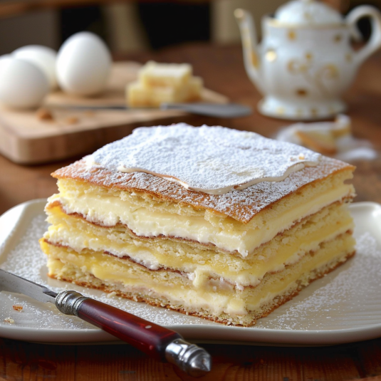Un cake con crema e frullato di cioccolato.