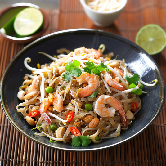 Una tavolata con un piatto di noodles con peperoni e shrimp.