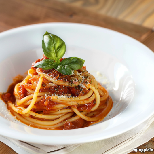 Una porzione di spaghetti con sauce e foglie di basilico.