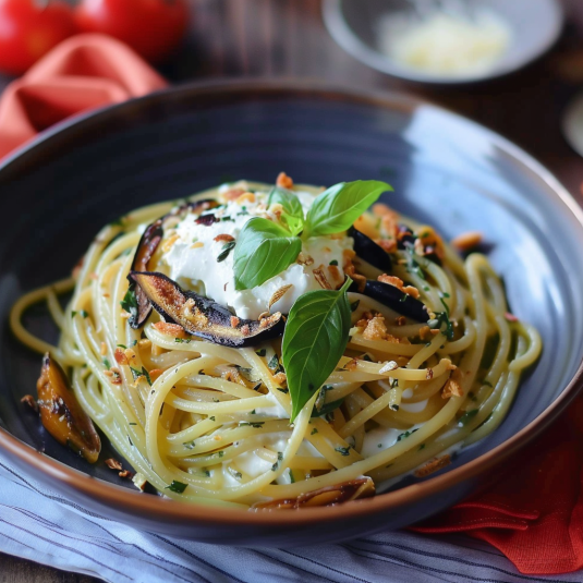 Piatti di spaghetti con verdure e formaggio.