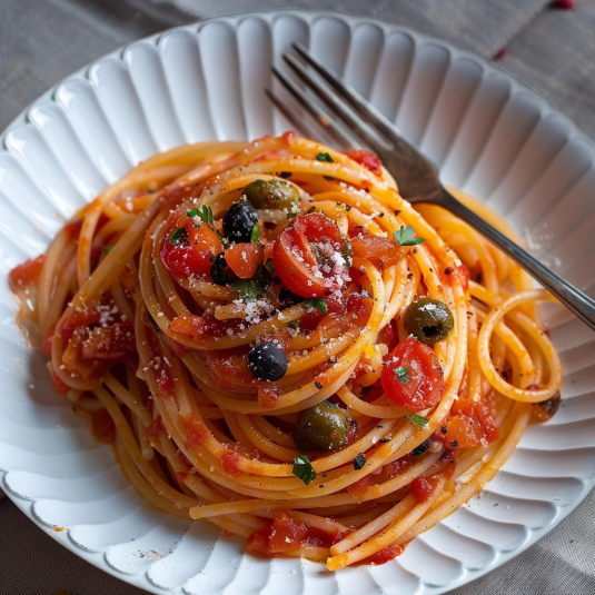Penne con pomodoro, olive e peperoncino.