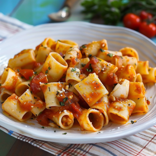 Penne con sugo di pomodoro e basilico.