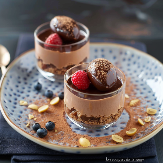 Due bicchieri di cioccolato con frullati di frutta.