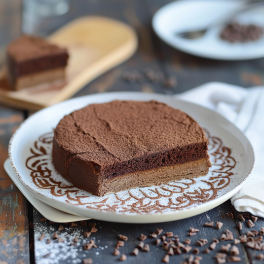 Un cake di cioccolato su un piatto.