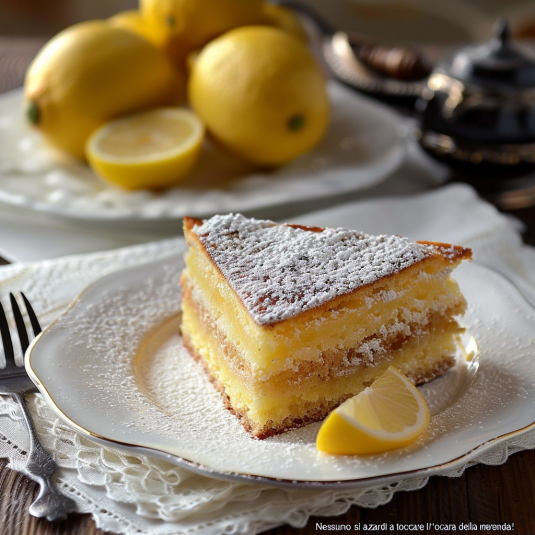 Una tavolata con un dolce a base di crema e frullato di limone.
