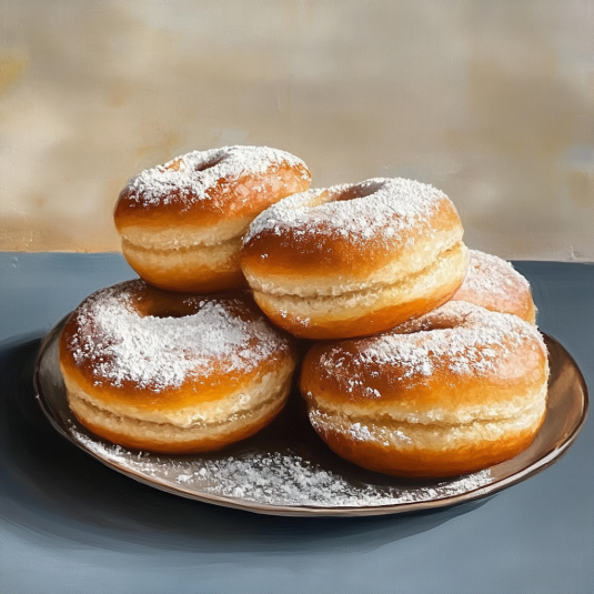 Un piatto con 6 donuts ricoperti di zucchero.