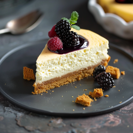 Una fetta di torta con frutta e sugo.
