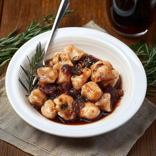 Una ciotola di pasta con salsa e foglie di basilico.