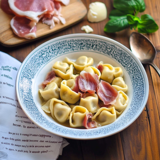 Piatti di pasta con prosciutto e mozzarella.