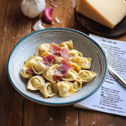 Un piatto di pasta con prosciutto e formaggio.