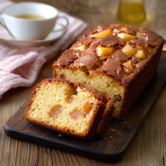 Un pezzo di pane con frutta e un tazza di tè.