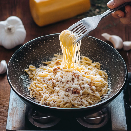 Una persona sta preparando spaghetti con formaggio e noce.