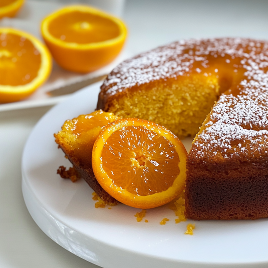 Una tavolata con una torta e un paio di arance.