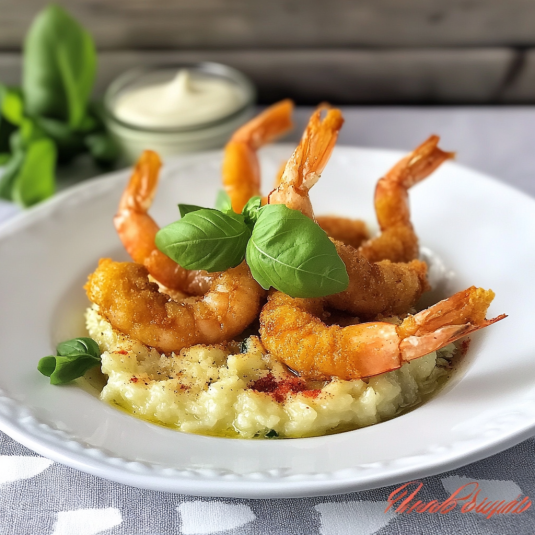 Una foto di una cena con shrimp e basilico.