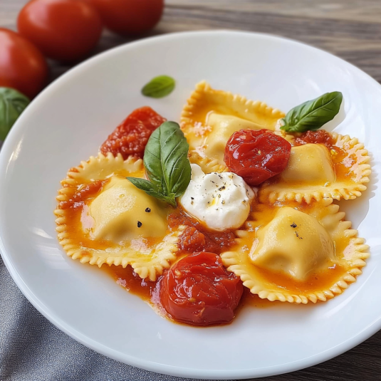 Piatti di pasta con pomodori e basilico.