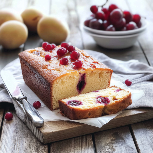 Una tavolata con un pane e frutta.