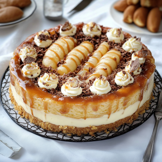 Un cake con caramello e frutta.
