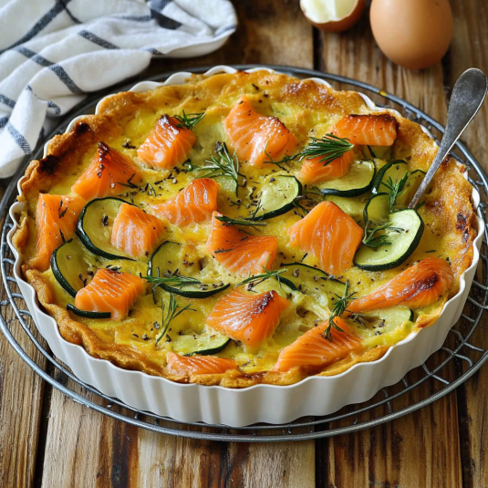 Torta con salmone e verdure.