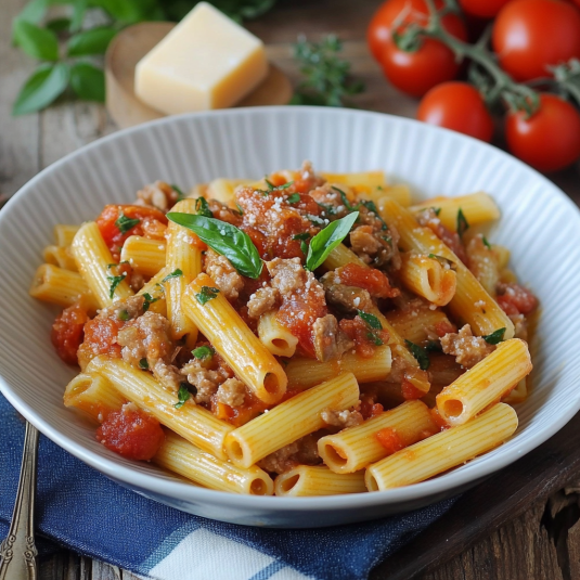 Una ciotola di pasta con carne e verdure.