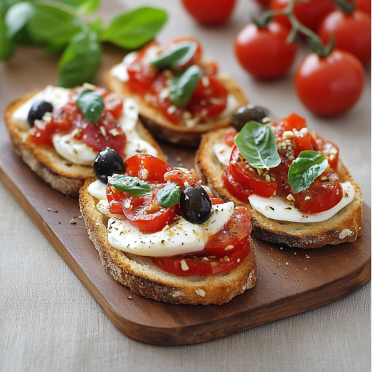 Quattro tostini con pomodoro e basilico.