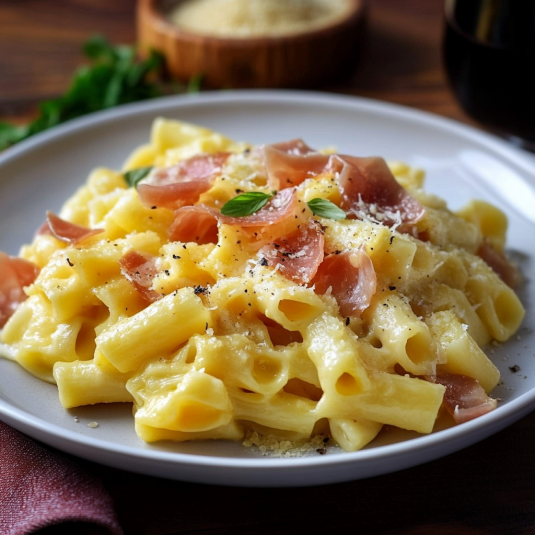 Un piatto di macaroni con prosciutto e verdure.
