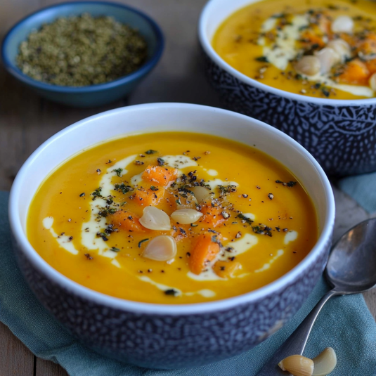 Una tazza di zuppa con noci e spezie.