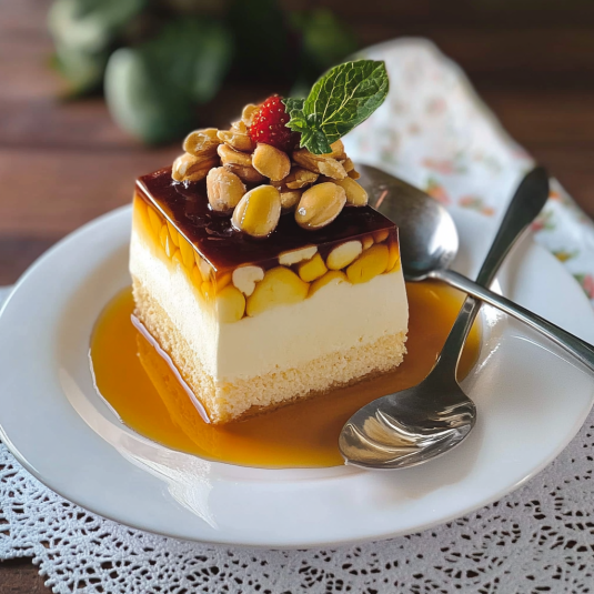 Un boccone di dolce con frullato di nocciole e una foglia di menta.