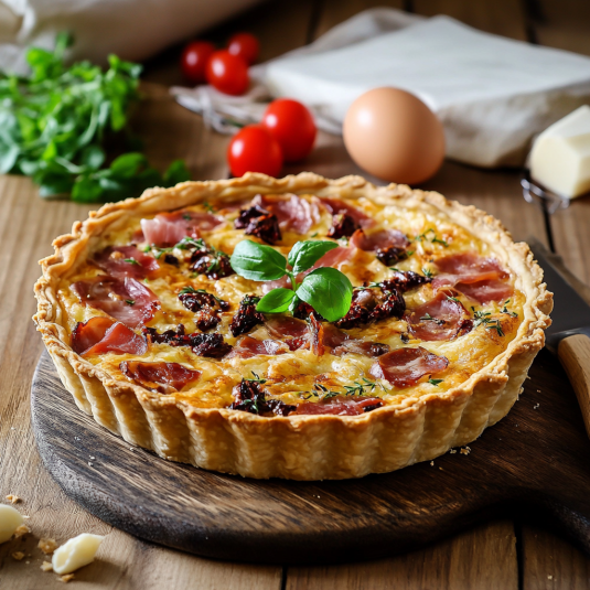 Un pizza con ingredienti vari, come salame, pomodori e basilico, in una teglia di legno.