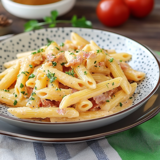 Penne con salmone e verdure.