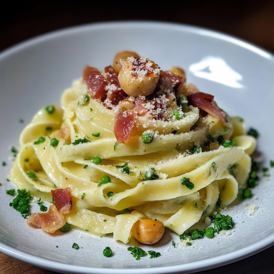 Pasta con peperoni, noci e cacao.