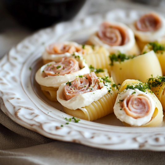 Piatti di pasta con verdura e prosciutto.