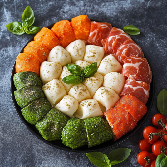 Un piatto di verdure e prosciutto.
