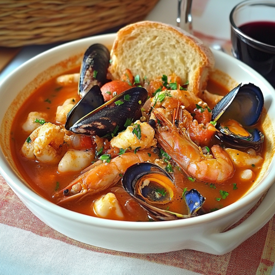 Una ciotola di zuppa con carne e molluschi.
