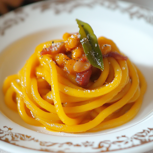 Una porzione di spaghetti con un peperoncino e un ovo.