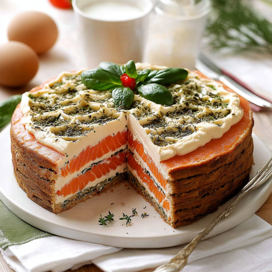 Una torta con foglie di basilico e salmone.