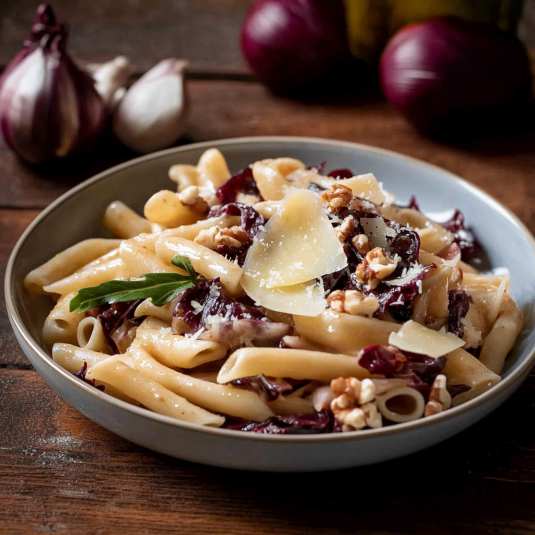 Piatti di pasta con noci e verdure.