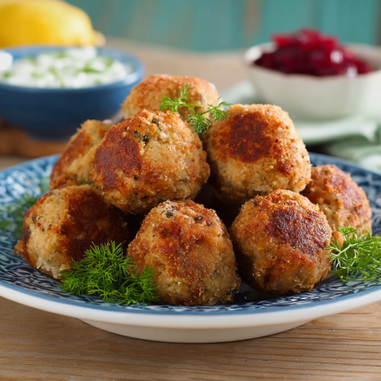 Una tavolata con un piatto di polpette di carne.