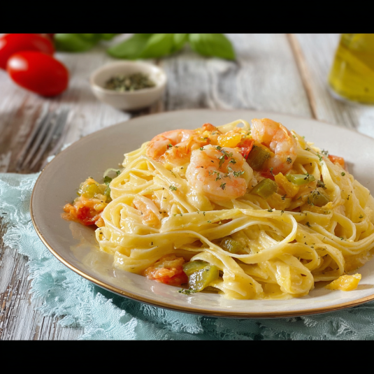 Penne con gamberi e basilico.