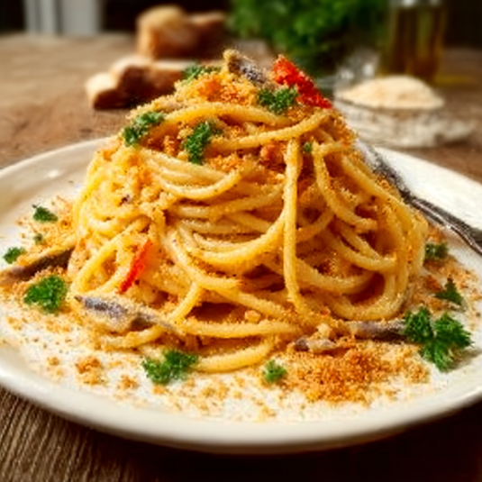 Penne con peperoncini e erbe.