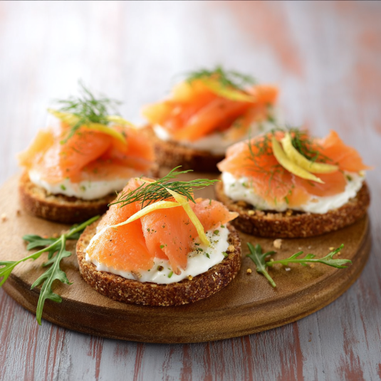 Quattro bruschetta con salmone e erbe.