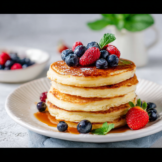 Un piatto di pancakes con frutta e sugo.