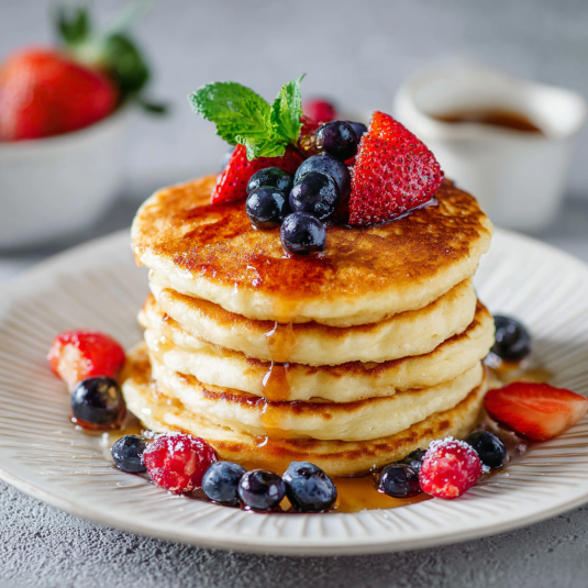 Un piatto di pancakes con frutta e sugo.