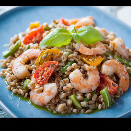 Riso con pesce, verdure e basilico.